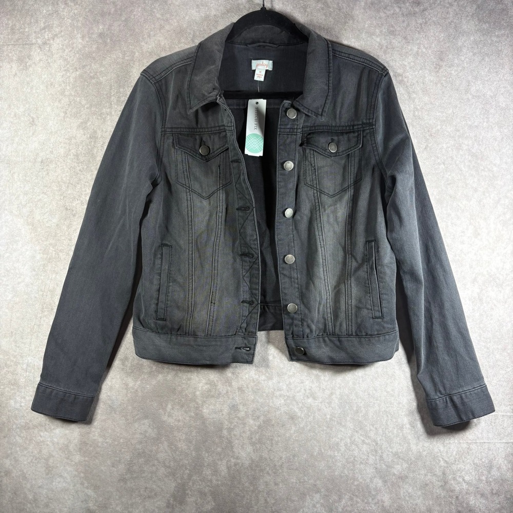 Pixley Denim Trucker Jacket Womens Medium Grey Charcoal Edgy Cotton Blend NEW